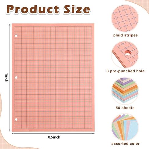Chuangdi 12 Pack 8-1/2" x 11" Colored Loose Leaf Paper 600 Sheets A4 Grid Filler Paper 4 x 4 Graph Rule 3 Hole Punched Filler Paper 50 Sheets/Pad for 3 Ring Binders for School Office Supplies in Saudi Arabia