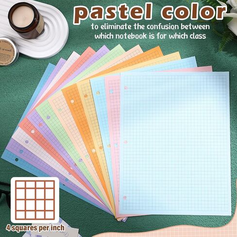 Chuangdi 12 Pack 8-1/2" x 11" Colored Loose Leaf Paper 600 Sheets A4 Grid Filler Paper 4 x 4 Graph Rule 3 Hole Punched Filler Paper 50 Sheets/Pad for 3 Ring Binders for School Office Supplies in Saudi Arabia