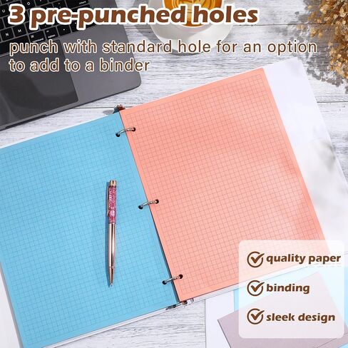 Chuangdi 12 Pack 8-1/2" x 11" Colored Loose Leaf Paper 600 Sheets A4 Grid Filler Paper 4 x 4 Graph Rule 3 Hole Punched Filler Paper 50 Sheets/Pad for 3 Ring Binders for School Office Supplies in Saudi Arabia