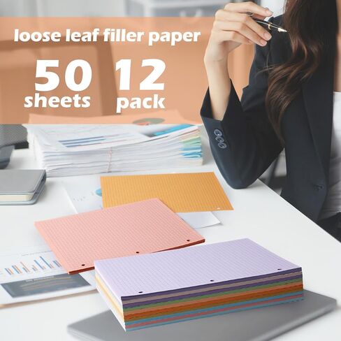 Chuangdi 12 Pack 8-1/2" x 11" Colored Loose Leaf Paper 600 Sheets A4 Grid Filler Paper 4 x 4 Graph Rule 3 Hole Punched Filler Paper 50 Sheets/Pad for 3 Ring Binders for School Office Supplies in Saudi Arabia