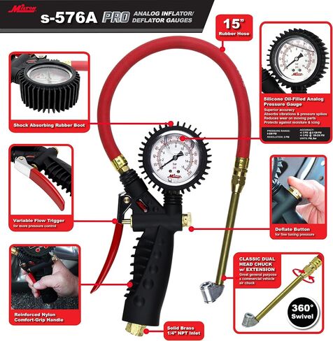 Milton Industries S-576A Milton Pro Analog Pistol Grip Inflator Gauge, Dual Head Chuck and 15" Hose, 160 psi in Saudi Arabia