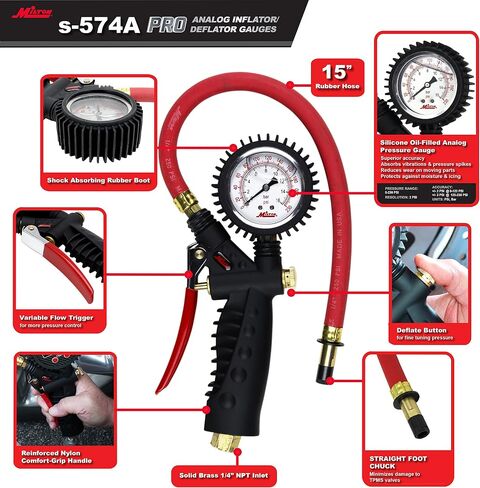 Milton Industries S-576A Milton Pro Analog Pistol Grip Inflator Gauge, Dual Head Chuck and 15" Hose, 160 psi in Kuwait