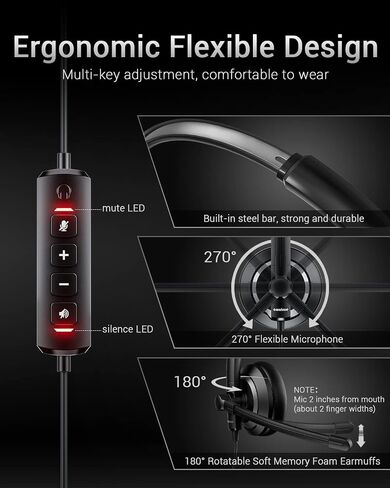 USB Headset with Microphone for PC Laptop - Wired Computer Headphones with Microphone Noise Cancelling,On Ear Office Call Center Headset for Boom Skype Webinars,Mute Control,Lightweight in Saudi Arabia