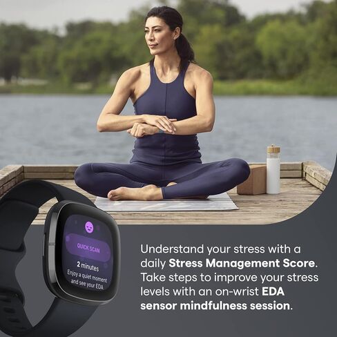 ساعة ذكية متطورة من Fitbit Sense مع أدوات لصحة القلب وإدارة الإجهاد واتجاهات درجة حرارة الجلد، رمادي داكن/فضي، مقاس واحد (يتضمن أحزمة صغيرة وكبيرة) in Kuwait