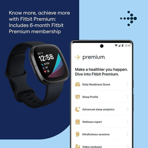 ساعة ذكية متطورة من Fitbit Sense مع أدوات لصحة القلب وإدارة الإجهاد واتجاهات درجة حرارة الجلد، رمادي داكن/فضي، مقاس واحد (يتضمن أحزمة صغيرة وكبيرة) in Kuwait