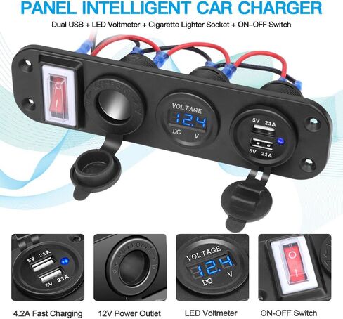 لوحة مقبس USB 12 فولت من Electop، مقبس ولاعة سجائر مقاوم للماء شاحن سيارة USB مزدوج 2.1 أمبير و2.1 أمبير مع الفولتميتر LED مفتاح تبديل الروك للسيارة والقوارب البحرية والدراجات النارية RV DIY in Kuwait