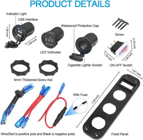 لوحة مقبس USB 12 فولت من Electop، مقبس ولاعة سجائر مقاوم للماء شاحن سيارة USB مزدوج 2.1 أمبير و2.1 أمبير مع الفولتميتر LED مفتاح تبديل الروك للسيارة والقوارب البحرية والدراجات النارية RV DIY in Kuwait