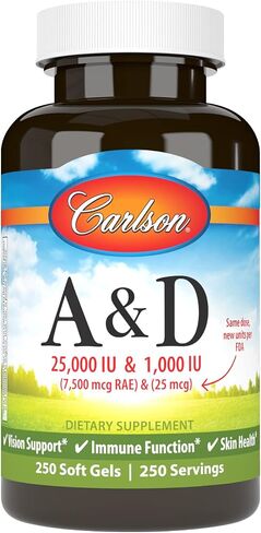 Carlson - A & D, 25000 IU (7500 mcg RAE) Vitamin A, 1000 IU (25 mcg) Vitamin D, Vision Support, Skin Health, 250 Softgels in Saudi Arabia