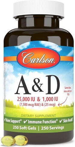 Carlson - A & D, 25000 IU (7500 mcg RAE) Vitamin A, 1000 IU (25 mcg) Vitamin D, Vision Support, Skin Health, 250 Softgels in Saudi Arabia