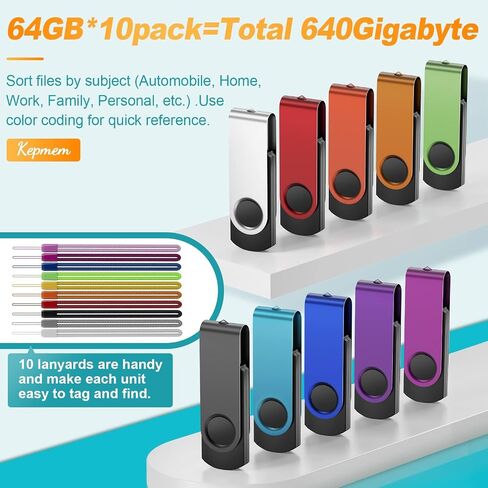 Flash Drive 64GB Pack of 10 Thumb Drives Bulk Kepmem 64 Giga USB Drives Value Metal USB 2.0 Memory Sticks Swivel Pen Drive 64 GB, Portable Jump Drive Colorful Multipack Zip Drives for Data Storage in Saudi Arabia
