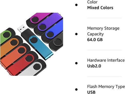 Flash Drive 64GB Pack of 10 Thumb Drives Bulk Kepmem 64 Giga USB Drives Value Metal USB 2.0 Memory Sticks Swivel Pen Drive 64 GB, Portable Jump Drive Colorful Multipack Zip Drives for Data Storage in Saudi Arabia