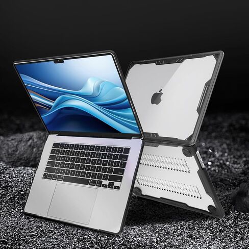حافظة MOSISO متوافقة مع جهاز MacBook Air 15 بوصة إصدار 2023 2024 M3 A3114 M2 A2941 Touch ID، هيكل صلب من البلاستيك شديد التحمل بتصميم هندسي متماثل مع مصد TPU وجلد لوحة المفاتيح ومحول من النوع C، أسود in Kuwait