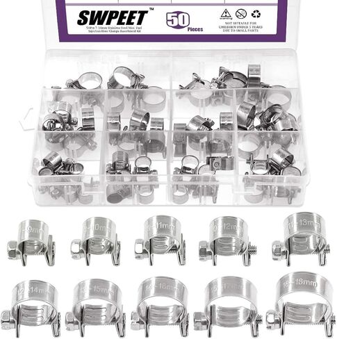 Swpeet 50 قطعة 10 أحجام 304 الفولاذ المقاوم للصدأ خط حقن الوقود الصغير نمط خرطوم المشبك مجموعة متنوعة مثالية للسيارات والزراعة والنباتات والبناء in Kuwait