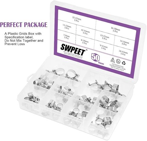Swpeet 50 قطعة 10 أحجام 304 الفولاذ المقاوم للصدأ خط حقن الوقود الصغير نمط خرطوم المشبك مجموعة متنوعة مثالية للسيارات والزراعة والنباتات والبناء in Kuwait