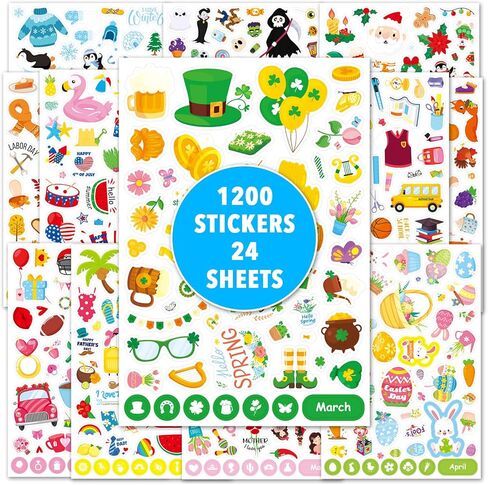 Seasonal Holiday Stickers 1200 Counts Seasonal Monthly Stickers Daily Calendar Planner Scrapbook St. Patrick’s Day Sticker Assortment Festival Holiday Sticker for Boys Girls Easter Stickers Gift in Kuwait