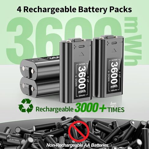 حزمة بطارية قابلة لإعادة الشحن لوحدات تحكم Xbox، 4 × 3600 مللي واط في الساعة بطاريات قابلة لإعادة الشحن لوحدة تحكم Xbox، بطارية وحدة تحكم سلسلة Xbox مع محطة شحن لأجهزة تحكم Xbox One/One S/One X/Elite in Kuwait