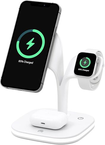5 x1 Magnetic Wireless Fast Charging Station Compatible with iPhone 15/14/13/12 Series, Compatible with iwatch 1-9/Ultra, Compatible with Airpods Pro with LED and Adapter (White) in Kuwait