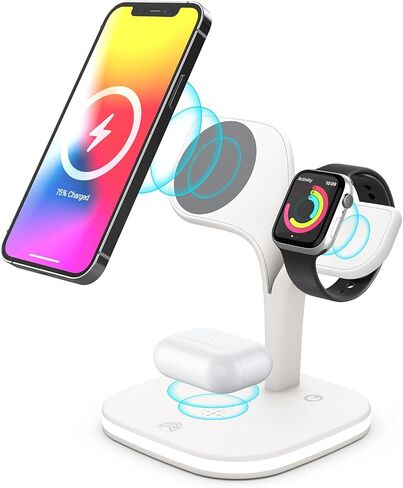5 x1 Magnetic Wireless Fast Charging Station Compatible with iPhone 15/14/13/12 Series, Compatible with iwatch 1-9/Ultra, Compatible with Airpods Pro with LED and Adapter (White) in Kuwait