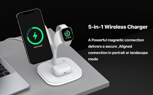 5 x1 Magnetic Wireless Fast Charging Station Compatible with iPhone 15/14/13/12 Series, Compatible with iwatch 1-9/Ultra, Compatible with Airpods Pro with LED and Adapter (White) in Kuwait