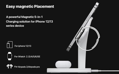 5 x1 Magnetic Wireless Fast Charging Station Compatible with iPhone 15/14/13/12 Series, Compatible with iwatch 1-9/Ultra, Compatible with Airpods Pro with LED and Adapter (White) in Kuwait