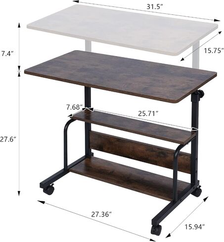 Portable Desk Small Desks for Small Spaces Laptop Table Rustic Rolling Adjustable Desk on Wheels Mobile Couch Desk for Bedroom Home Office Computer Standing Desk Student Desk with Storage 32x16 Inch in Saudi Arabia