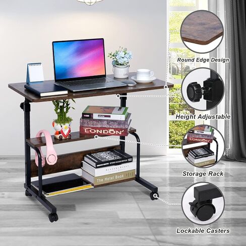 Portable Desk Small Desks for Small Spaces Laptop Table Rustic Rolling Adjustable Desk on Wheels Mobile Couch Desk for Bedroom Home Office Computer Standing Desk Student Desk with Storage 32x16 Inch in Saudi Arabia
