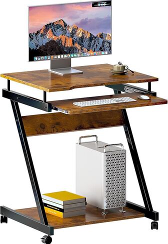 soges Small Rolling Computer Desk, Z Shape Laptop Desk Cart on Wheels, Mobile Computer Workstation for Home and Office with Keyboard Tray, Black in Saudi Arabia