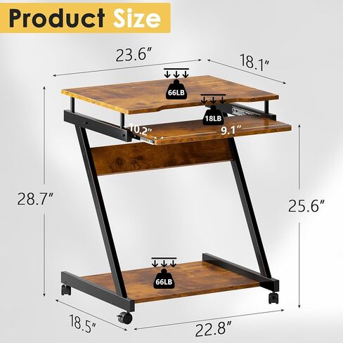 soges Small Rolling Computer Desk, Z Shape Laptop Desk Cart on Wheels, Mobile Computer Workstation for Home and Office with Keyboard Tray, Black in Saudi Arabia