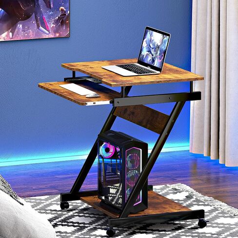 soges Small Rolling Computer Desk, Z Shape Laptop Desk Cart on Wheels, Mobile Computer Workstation for Home and Office with Keyboard Tray, Black in Saudi Arabia