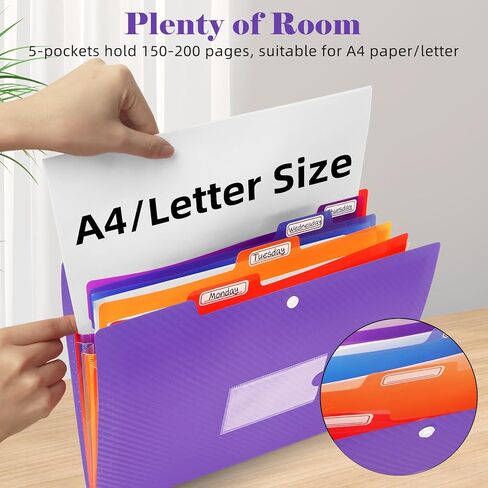 مجلد ملفات قابل للتوسيع بخمسة جيوب، منظم ملفات الأكورديون مع ملصقات، مجلدات بحجم حرف A4 للمستندات، مجلد ملفات محمول قابل للتوسيع للمكتب والمدرسة - أسود in Kuwait