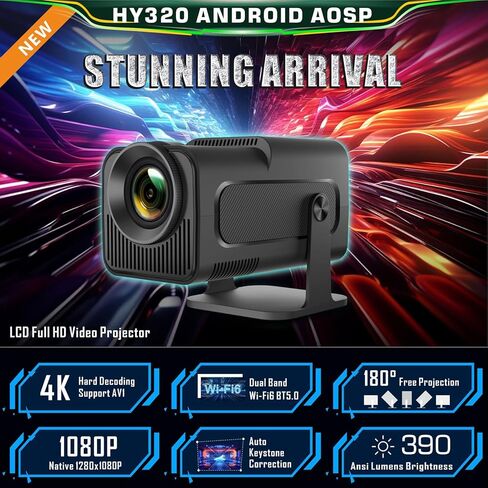 جهاز عرض صغير محمول HY320، جهاز عرض ذكي Natvie 1080P 4K يدعم 10000 لومن مع واي فاي 6، BT 5.0، تعديل الشاشة، دوران 180 درجة، نظام تشغيل Android 11.0 مدمج in Kuwait