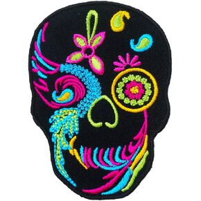 Black Colorful Sugar Skull Embroidered Iron on Patch Calavera Good Luck Applique Sign Symbol Logo Cute Happy Death Lucky Spirit Decoration Coco Day of The Dead Backpack DIY Costume