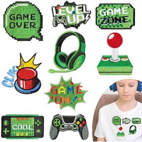 Video Game Embroidery Patches, Green Pixelated Gaming Sew Iron on Embroidered Applique Repair Patch, DIY Patches for Gamer Fans Enthusiasts Clothing Backpack Hat 9 pcs