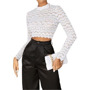 SHENHE Women's Elegant Lace Mock Neck Long Sleeve Scallop Trim T Shirt Crop Tops