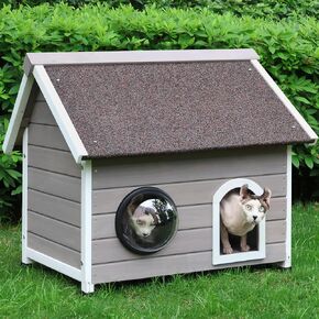 HiCaptain Outdoor Cat House for Feral Cats, Weatherproof Wooden Cat House Ideal Outdoor Shelter for Cats with Escape Door, Clear Window and Attic, Large Interior Space (Grey)
