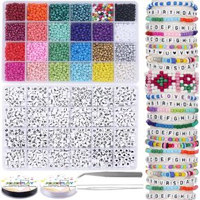 Alphabet Letter Beads and Seed Beads Kit, 4mm, 6/0 Glass Seed Beads with Elastic String for Friendship Bracelet Necklace Jewelry Making