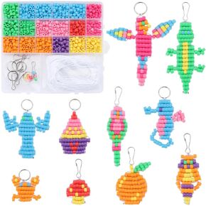 SUNNYCLUE 1 Box DIY 10 Sets Pony Bead Pets Bead Animals 6mm Pony Beads Keychain Making Kit Bead Craft Kit Beading Animal Sea Horse Bird Raccoon Crab Orange Fruit Mushroom Key Chain for Adult Crafts