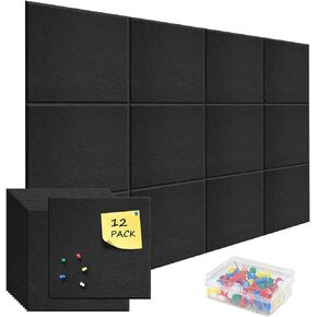 Black Large Cork Boards for Walls,12 Pack Felt Wall Tiles 47"x35" Bulletin Board Cork Board for Office with Adhesive Backing and a Box of Colored Drawing Pin