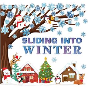 BBTO Winter Tree Classroom Bulletin Board Set Sliding into Winter Bulletin Board Decorations Christmas Winter Tree Cutouts Border Decor Tree Snowflake Snowman Wall Decorations for School
