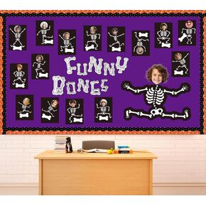 Halloween Classroom Bulletin Board Decoration Set Halloween Skeleton DIY Photo Craft Funny Bones Bulletin Board Skull Cutouts for Halloween School Classroom Home Wall Chalkboard Decor Supplies