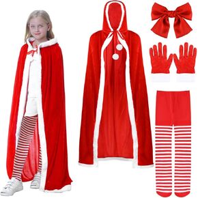 مجموعة أزياء عباءة سانتا للكريسماس للفتيات، قفازات بغطاء للرأس مخملية حمراء وجوارب وعصابة رأس ومشبك شعر للفتيات في أعياد الميلاد وإكسسوارات الملابس (الأطفال) in Kuwait