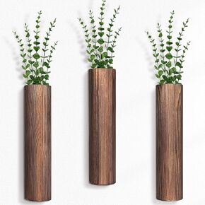 3 Pack Wood Wall Planter with Artificial Eucalyptus, Modern Wall Decor for Living Room Bedroom Bathroom Entryway, Farmhouse Boho Wall Vases for Dried Flowers and Faux Plants