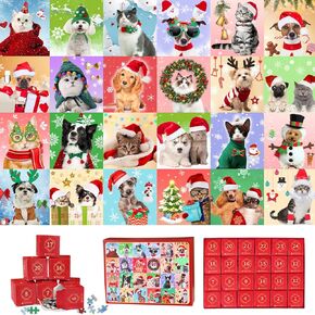 1008 Pieces Christmas Advent Calendar Puzzle 2024, Puzzle Advent Calendar Christmas Countdown Calendar 2024 Jigsaw Puzzle Cat Mosaic Stained Glass Puzzle Countdown Calendar Xmas Gifts Home Decor for Kids Adult Cat (blue)