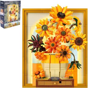CAXIMSY Flowers Sunflower Building Block Sets Crafts for Adults with Lights,Van Gogh Wall Art Painting Frame Gifts for Mother's/Valentine's Day，Artificial Flower for Room Home Decor（1166 Pieces）