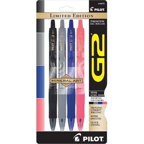 Pilot G2 Retractable Gel Pens, Fine Point, 0.7 mm, Mineral Art Design Barrels, Assorted Ink, Pack Of 4 Pens