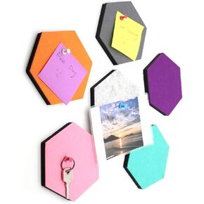 Set of 6 Hexagon Felt Pin Board Self Adhesive Bulletin Memo Photo Boards Colorful Foam Wall Decorative Tiles with 6 Pushpins - 5.5 x 5 x 0.5 inches (6pc-A)