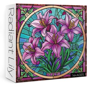 Stained Glass Lily Flower Puzzles for Adults 1000 Pieces, Colorful Art Pink Purple Plant Jigsaw Puzzles, Beautiful Spring Floral Puzzle