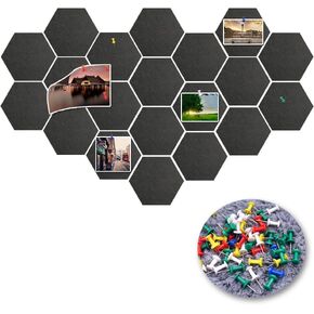 20 Pcs Pin Board Hexagon Felt Board Tiles Black Self-Adhesive Bulletin Board Memo Board Notice Board with 20 Pieces Push Pins, Decoration for Home Office Classroom Wall (Black)