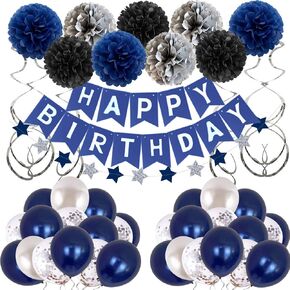 Blue Birthday Decorations for Men Women, Navy Blue Silver Happy Birthday Decorations for Boys Girls with Bday Photo Background Cake Topper for Age 13th 16th 18th 21st 30th 40th 50th 60th 70th