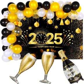 مجموعة ديكورات حفلات رأس السنة الجديدة السعيدة 2025 من Hanaive، 53 قطعة، مع لافتة خلفية رأس السنة الجديدة السعيدة، بالونات زينة لرأس السنة الجديدة، بالونات زجاجة الشمبانيا لعام 2025، لوازم حفلات ليلة رأس السنة الجديدة in Kuwait